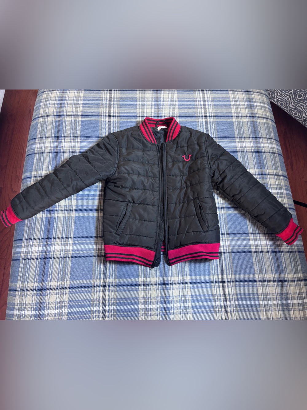True Religion Boys Puffer Bomber Jacket Black Red Varsity Quilted Size 6